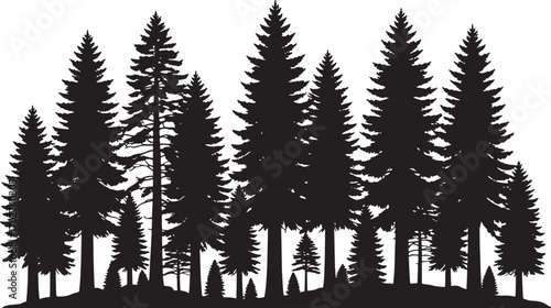 Dense pine tree silhouette, evergreen forest vector, black fir woodland shape, winter nature background, outdoor conifer tree clipart, landscape illustration