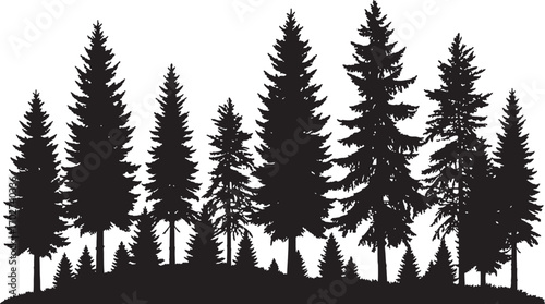 Dense pine tree silhouette, evergreen forest vector, black fir woodland shape, winter nature background, outdoor conifer tree clipart, landscape illustration