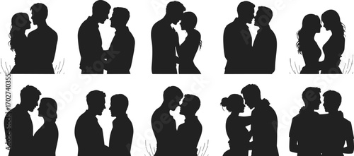 Romantic Couple Silhouettes in Love Poses Vector Set for Valentine’s Day, Wedding, Dating, Passion, Relationship, Hugging and Kissing Concepts