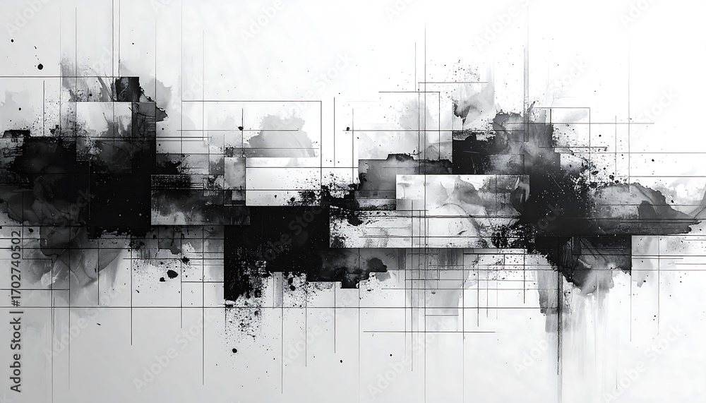 Obraz premium Abstract grayscale design with layered blocks and lines