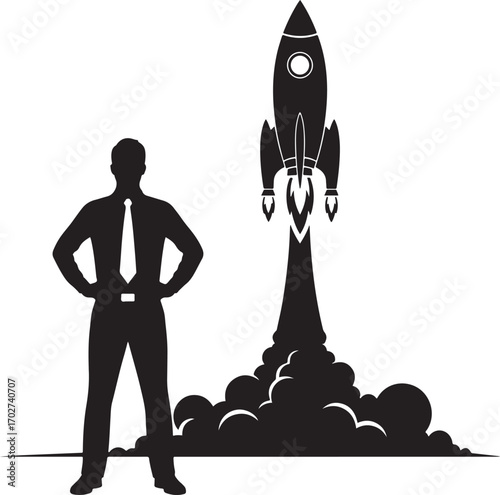 Silhouette of a businessman standing confidently next to a launching rocket ship success