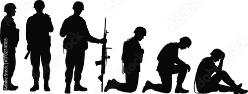 Soldier Silhouette Vector Set – Military Personnel Standing, Kneeling, Mourning, and Grieving Illustrations Representing War, Loss, PTSD, Sacrifice, and Veteran Awareness