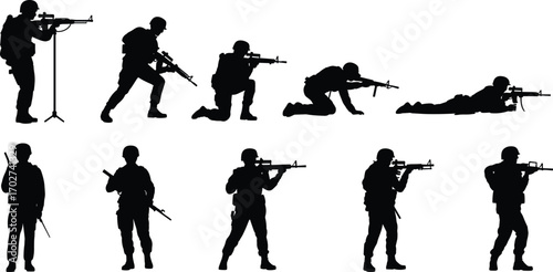 Soldier Silhouettes with Rifles Vector Set – Combat Positions, Military Training, Aiming, Tactical Warfare, Armed Forces, Army Action and Shooting Poses