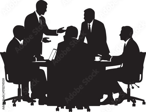 Silhouette of business people in a meeting around a conference table with a laptop and coffee