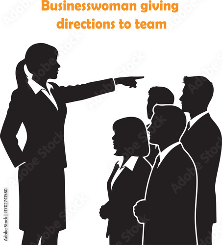 Silhouette of businesswoman pointing and leading a team of colleagues in an office setting