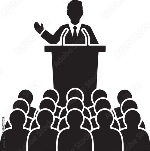 Silhouette of speaker at podium addressing an audience of people black and white business