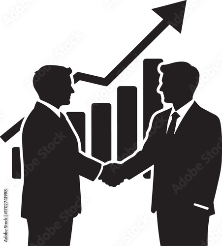 Silhouette of two businessmen shaking hands with a bar graph and upward arrow handshake