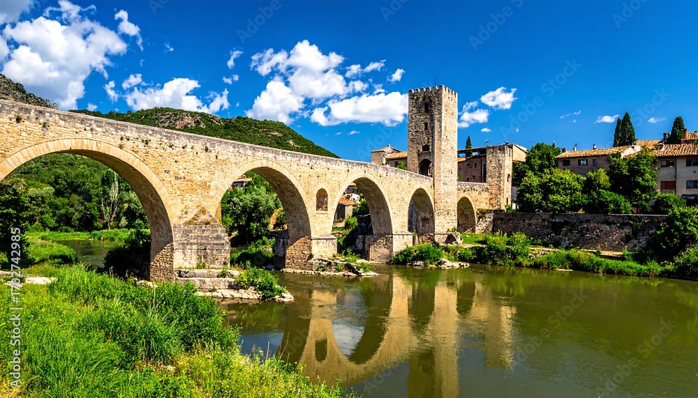 Fototapeta premium Ancient stone bridge over a calm river