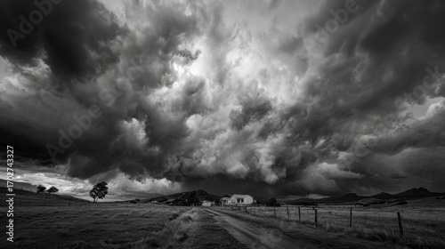 A black and white rural scene under a stormy sky with a house and road