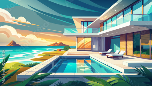 Sleek beachfront villa with expansive glass walls, white terraces, and turquoise infinity pool, perfectly blending indoor luxury with breathtaking ocean views under a radiant sky.