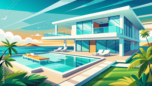 Sleek beachfront villa with expansive glass walls, white terraces, and turquoise infinity pool, perfectly blending indoor luxury with breathtaking ocean views under a radiant sky.
