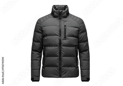 Stylish gray puffer jacket isolated on transparent background is perfect for cold weather