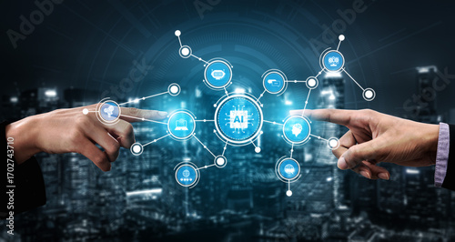 Fototapeta Naklejka Na Ścianę i Meble -  Futuristic image depicting hands interacting with an AI technology interface, symbolizing innovation and digital transformation against a city skyline background. Tessel