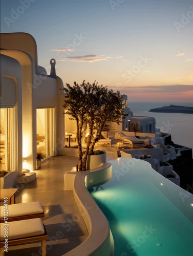 Stunning infinity pool at sunset overlooking the Aegean Sea in a luxury Santorini villa