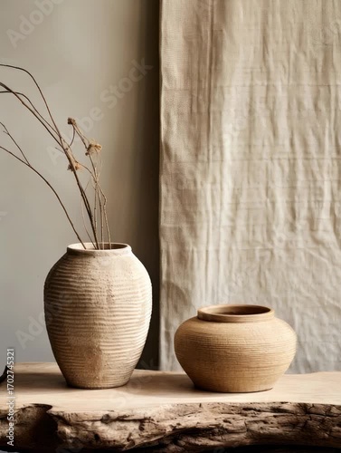 Decorative pottery with natural elements displayed on rustic wooden surface in minimalistic setting