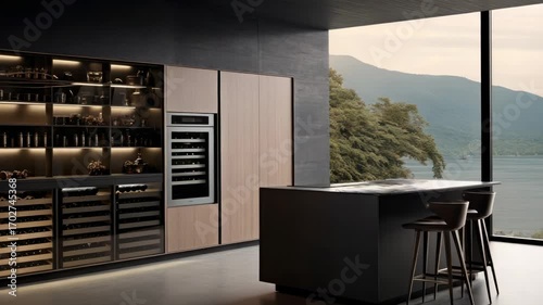 Modern kitchen design with wine storage and scenic view of nature at dusk