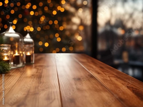 Cozy wooden table decorated with candles and soft lights for a warm evening atmosphere during the holiday season