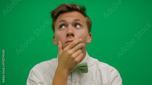 A pensive young man with a light green bow tie looking upwards, deep in thought, against a green screen.