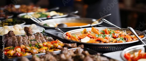 Enjoying a delicious buffet of grilled meats and vibrant dishes at a local restaurant in the evening