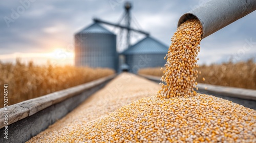 Corn grains pouring from pipe at farm silo