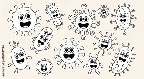 Funny cartoon germs and bacteria characters with happy faces, black and white vector illustration for kids, science, design