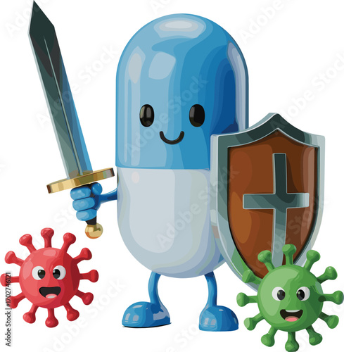 Cartoon medicine capsule with sword and shield fighting virus, antibiotic superhero, pharmaceutical defense, immunity protection, healthcare concept