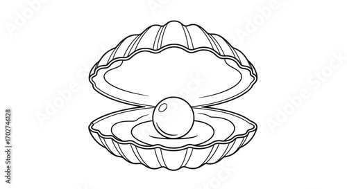 A simple black and white line drawing of an open oyster shell with a single, round pearl inside.