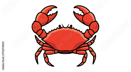 A vibrant red cartoon crab with large claws raised, depicted on a clean white background.