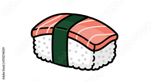 Cartoon illustration of a single piece of salmon nigiri sushi with a nori seaweed wrap, isolated on a white background.