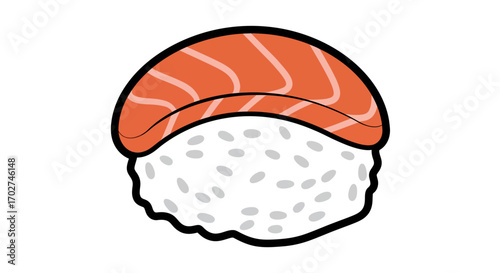 A  single piece of salmon nigiri sushi isolated on a white background.