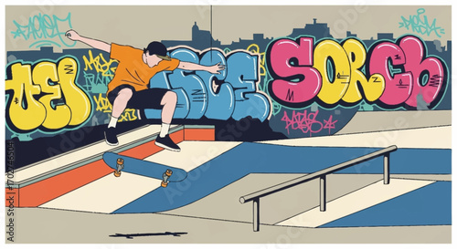 Graffiti-adorned skatepark with a dynamic young person performing a trick on a skateboard