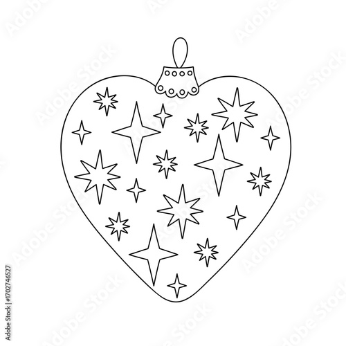 Christmas tree festive decor bauble in form of heart with stars simple doodle outline hand drawn vector illustration for winter holidays seasonal greeting cards, invitations, banners, decor, stickers