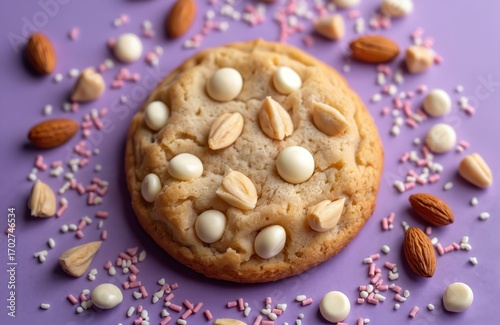 Golden-brown cookie generously studded with white chocolate chips, macadamia nuts. Almonds, colorful sprinkles surround baked treat on vibrant purple background. Delicious, homemade pastry perfect