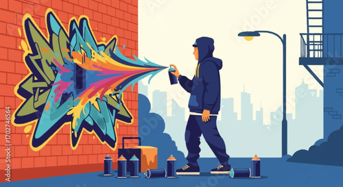 Dynamic Street Art Scene Depicting an Urban Artist Crafting a Vibrant and Expressive Graffiti Mural on a Brick Wall with Aerosol Spray Cans