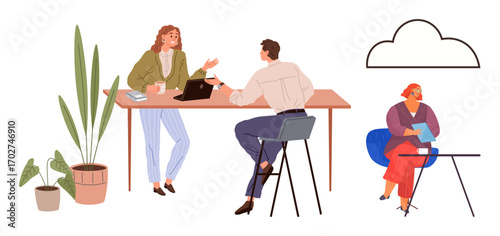 People interacting at a table with a laptop, plants, and creative workspace elements. Ideal for teamwork, collaboration, creativity, office culture, productivity brainstorming coworking. Simple