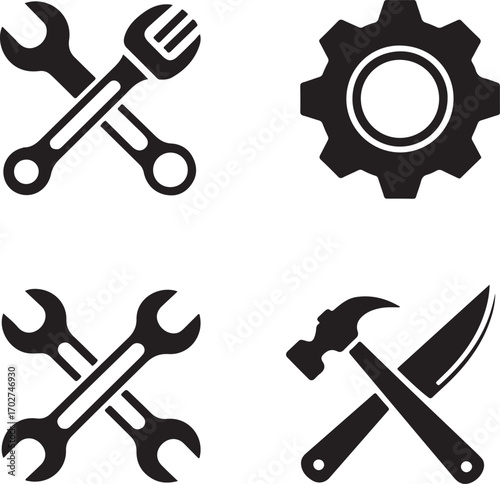 Black icons crossed wrenches gear hammer and knife on white background spanner cogwheel
