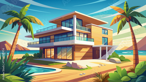 Modern coastal home on a sandy shore, featuring wood-and-concrete façade, open balconies, and swaying palm trees, embracing natural light and sea breeze.