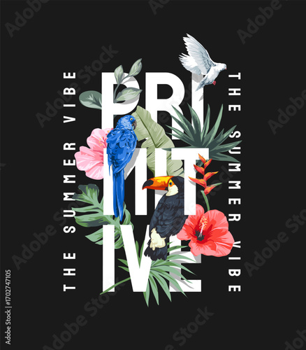 exotic flowers and birds vector illustration - I drawn this by hand NOT AI 