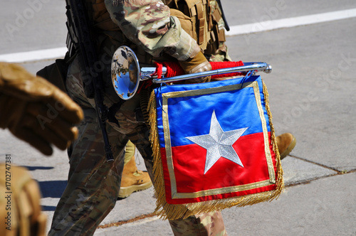 Canvastavla Pennant of bugle with star and colors of the Chilean flag