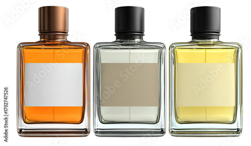 Three rectangular perfume bottles, different colors