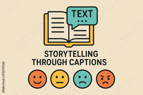 Open book with text bubble and emotion faces conveying storytelling
