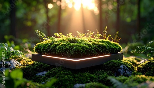 Moss and Fern on Square Platform in Sunlit Forest Environment