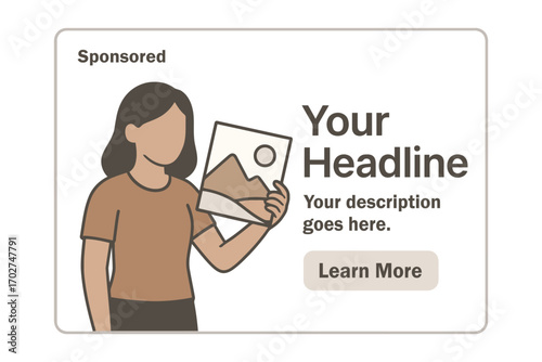 Woman holding image in advertisement with headline and learn more button