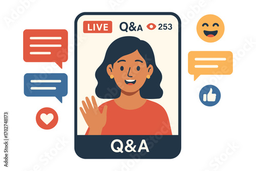 Young woman waving hello on live q a video call with chat bubbles