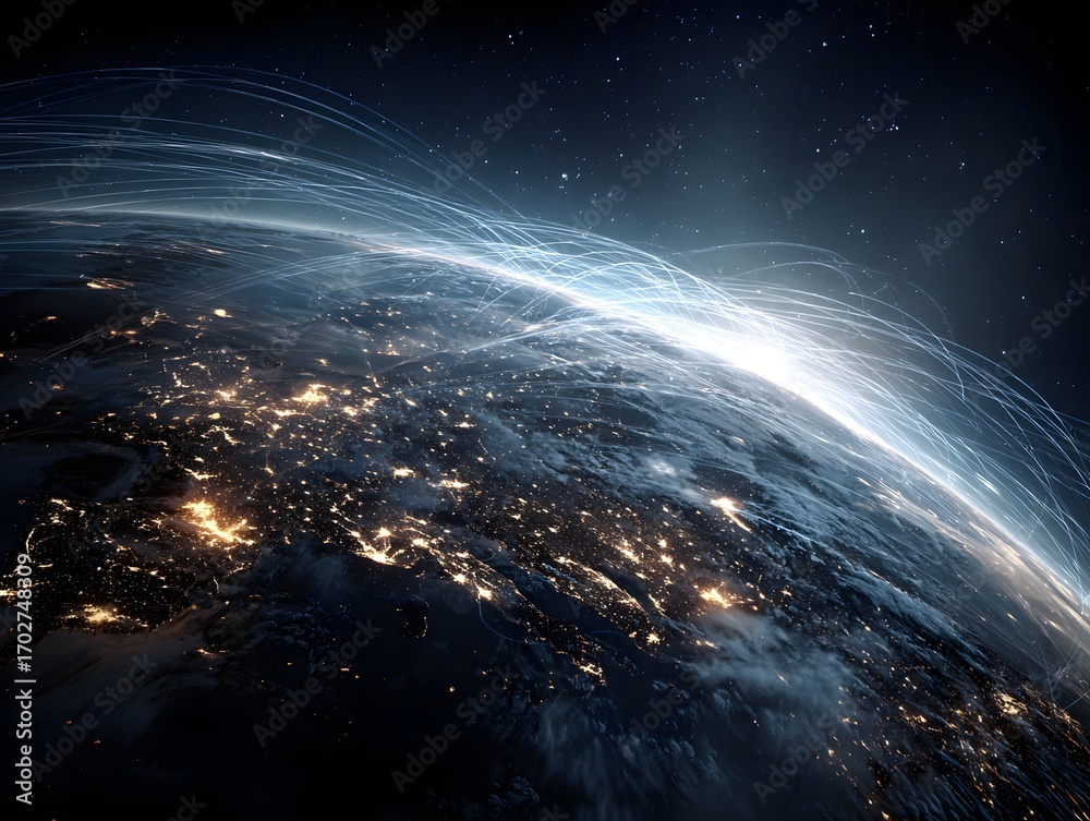 Obraz premium Night planet earth from space with light lines of communication and connection. Business and finance, concept. Global communications system and the World Wide Web. Technologies and communications.