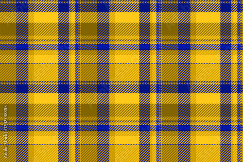 Display textile vector plaid, single pattern check seamless. Length tartan fabric texture background in yellow and blue colors.