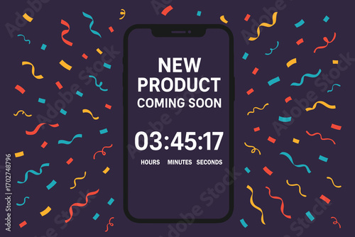 New product coming soon countdown timer on smartphone screen with confetti