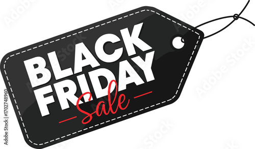 Elegant Black Friday sale tag with stitched edges, bold white and red text, tilted layout, perfect for marketing promotions