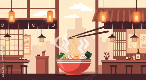 Japanese Ramen Restaurant Illustration Delicious Noodles in a Cozy Setting