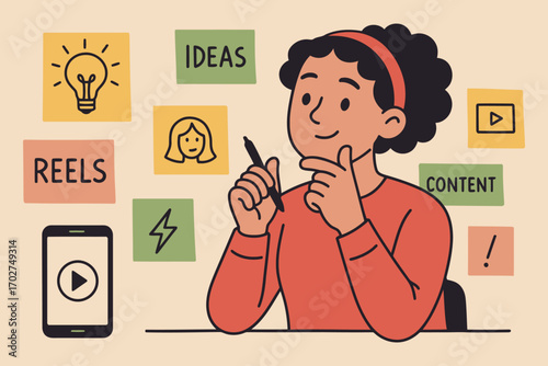 Young woman brainstorming creative ideas for social media content creation